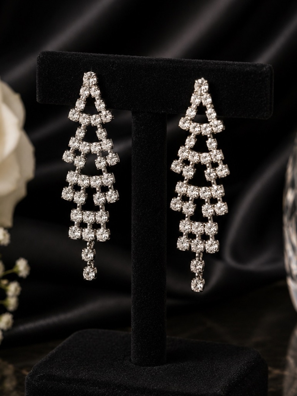 silver-tone dangle rhinestone earrings geometric chandelier-style design
